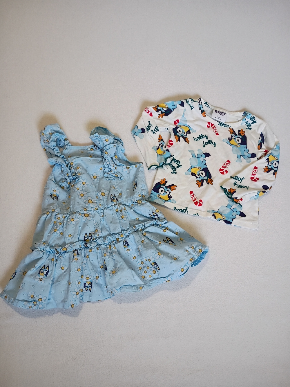Bluey Light Blue Tiered Ruffle Summer Dress & Christmas Bluey Shirt 12 Months